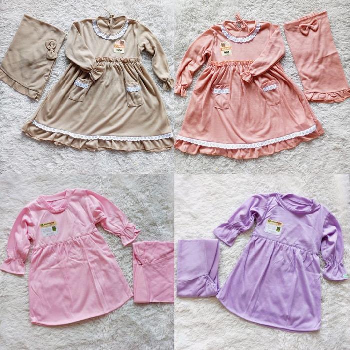 Baju Anak Bayi Cewek Gamis SNI Dress Wrinkle Renda Jilbab Katun Polos - Brown/Pink/Dusty/Purple - Gi