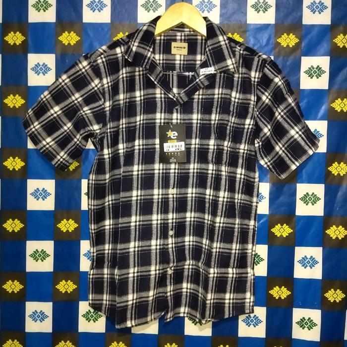 erigo short sleeve flanel frigg unisex Pria Wanita Motif Pendek Casual Kotak Cowok Atasan Garis Hita