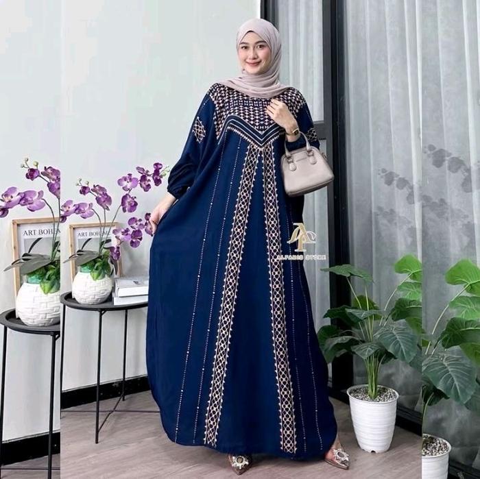 DASTER KAFTAN MOTIF BULAN BAHAN RAYON PREMIUM WUDHU FRENDLY MODEL LENGAN KARET Gamis Dress Arab Wani