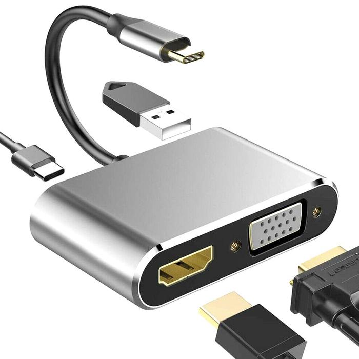 4 In 1 USB Tipe-C untuk HDMI VGA Card Reader Port Hub