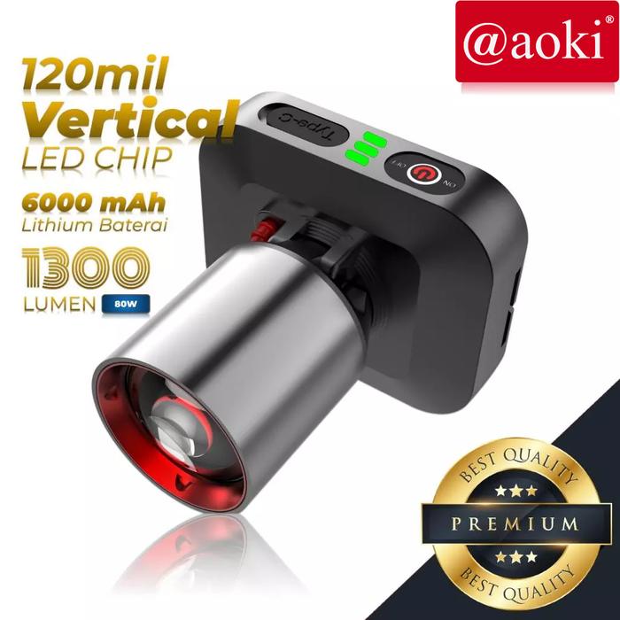 Senter Kepala AOKI Cahaya Maksimal Plus RechargePro USB-C, 80W 1300lumen 1500lumen Penyebaran Zoom 3