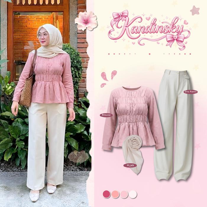 Kandinsky Oneset 3in1 Wanita Hijab Premium ( Blouse Kerut Pink + Oro Pants Highwaist + Bella Square 