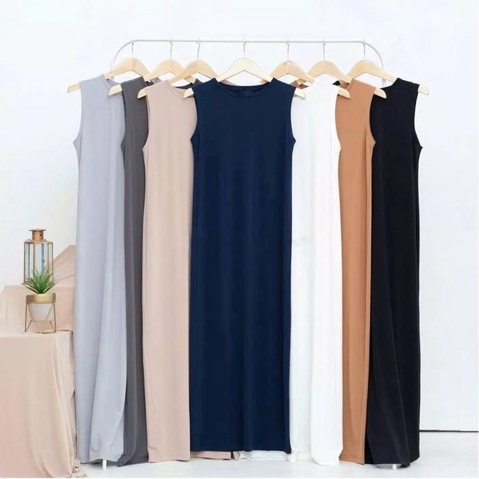 Inner Gamis Tanpa Lengan Dress Gamis Buntung Wanita Hitam Putih Polos Manset Basic Navy