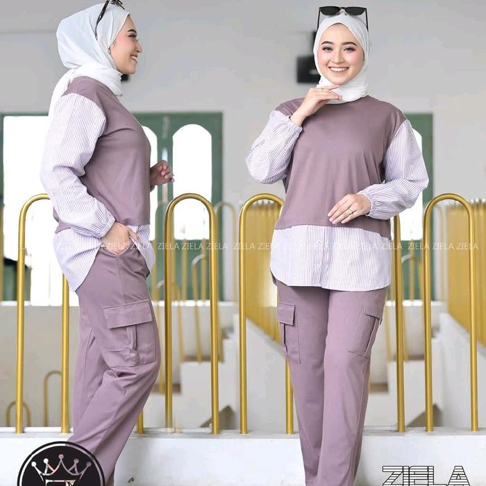 ONE SET ZIELA/ One Set 2in1 Kaos Motif Salur Bahan Combed 24s Mix Katun Salur Muslim