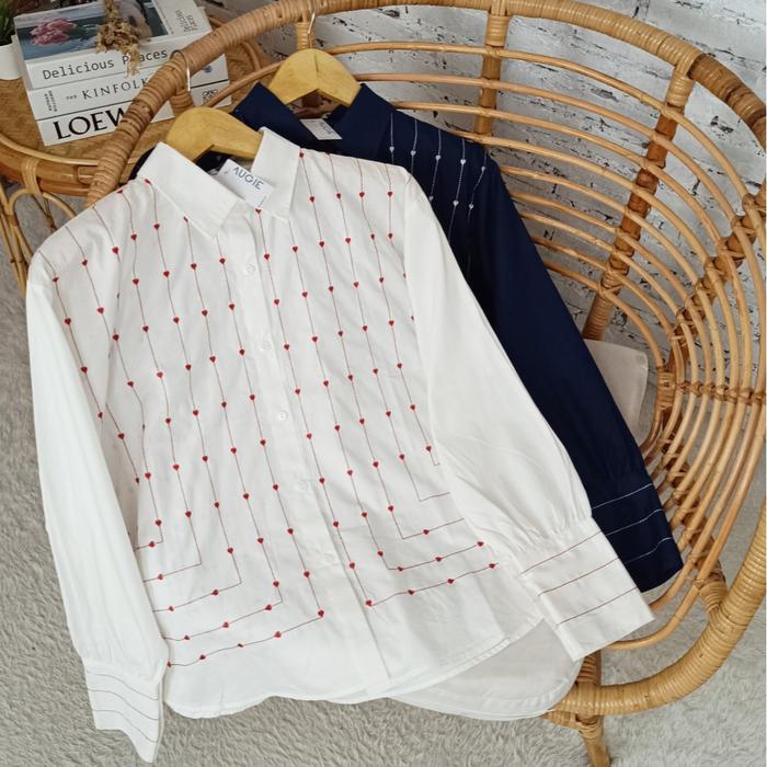 Augie - Mini Love Embroidery Cotton Shirt Kemeja Katun Wanita Motif Garis Love