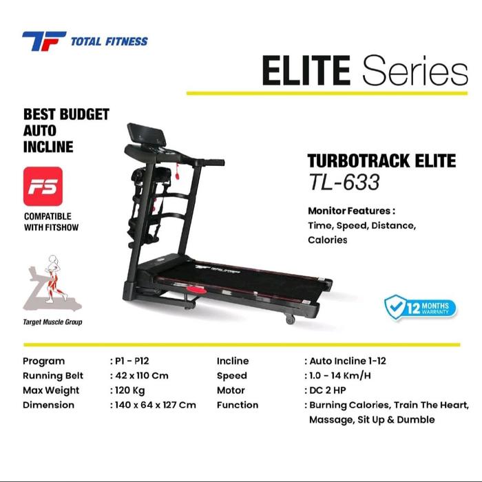 Total Fitness Turbotrack Elite TL-633, Treadmill Auto Incline dengan Monitor Time Speed Distance Cal