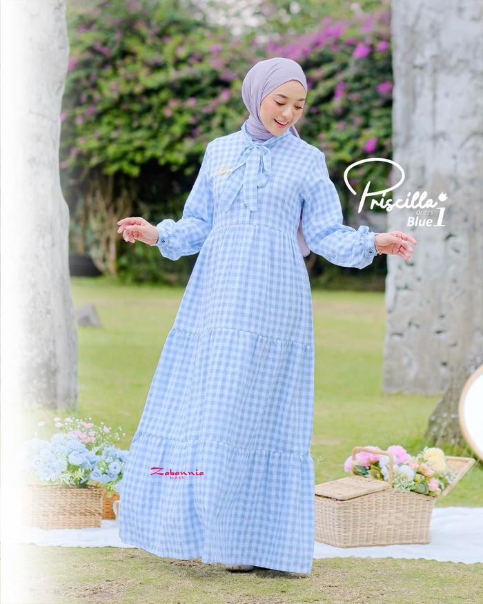 Zabannia Priscilla Dress Gamis Motif Wanita Lengan Panjang Terbaru Original Kain Kancing