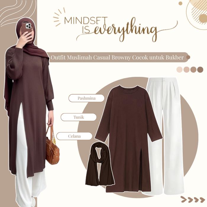 Outfit Cewek Hijab 1 Set ( Zanna Tunik Rajut + Celana + Pashmina ) Ootd Remaja Trend Lebaran - LS211
