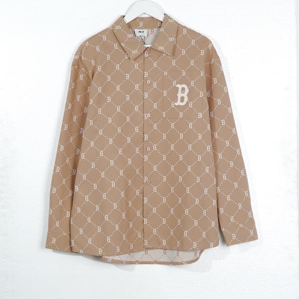 Kemeja MLB B BIG MONOGRAM LINE WHITE BEIGE LONG SHIRT 100% ORIGINAL