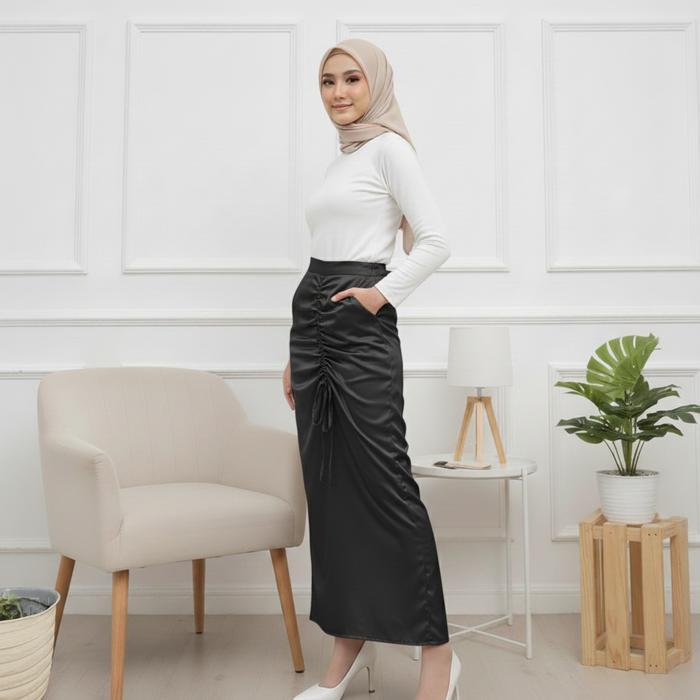 Delova Wardrobe - ROK SERUT SATIN POLOS Silk Polos Model Span Panjang Modern Kekinian Premium Maxi W