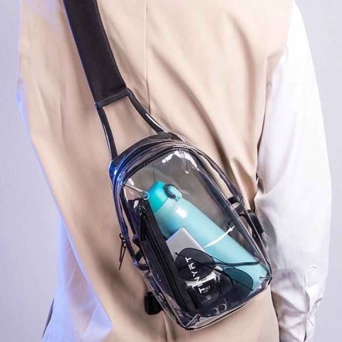 [ Tas Konser ] Selempang - Waist Bag / Sling Bag Wanita Transparan PVC Plastik (Anti Air) Muat HP, D