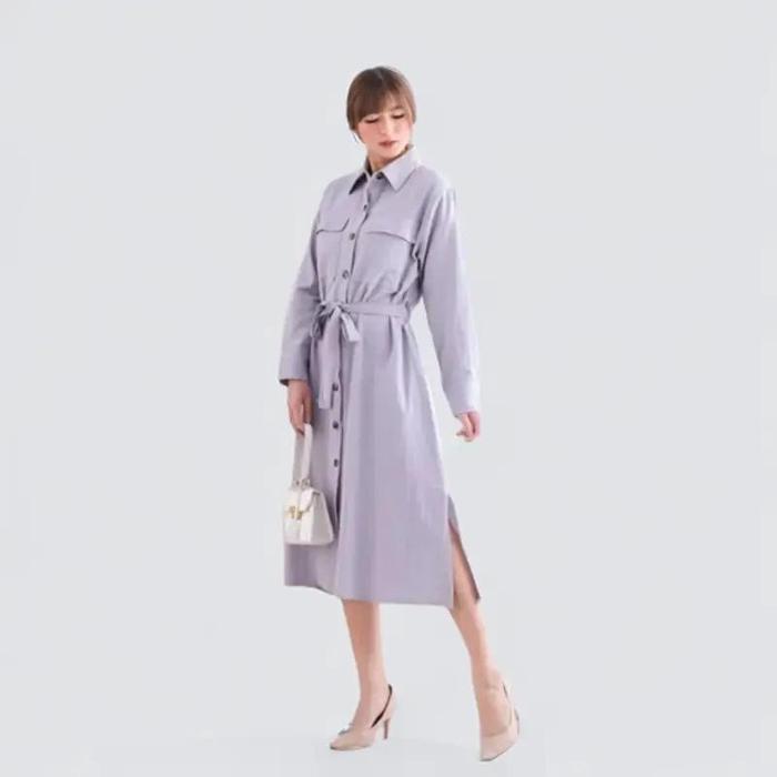 Kemeja Tunik Saning Wanita  remaja Tali Pinggang Saku Depan Casual Dress Plos Baju Atasan Panjang Ny