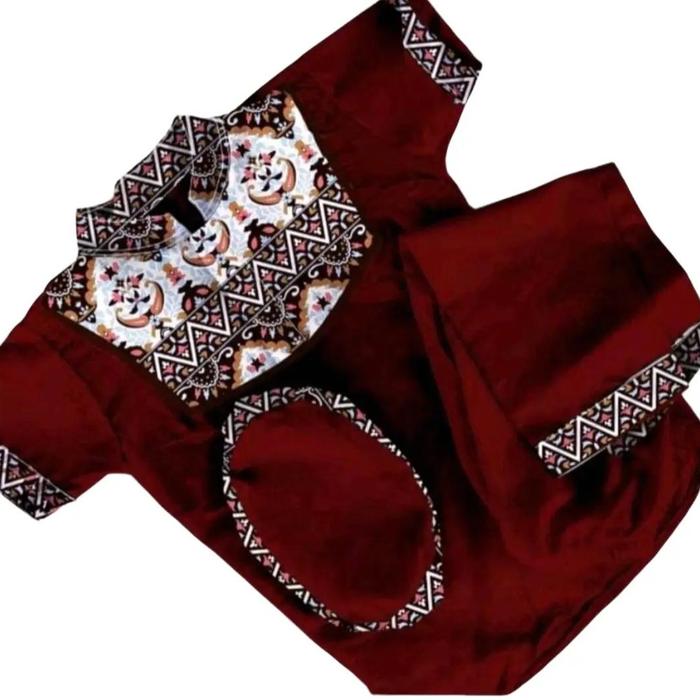 Setelan Baju Muslim Anak Motif Koko Batik Sultan Maroon Merah Usia 1-10 Tahun Variasi Kancing Mandar
