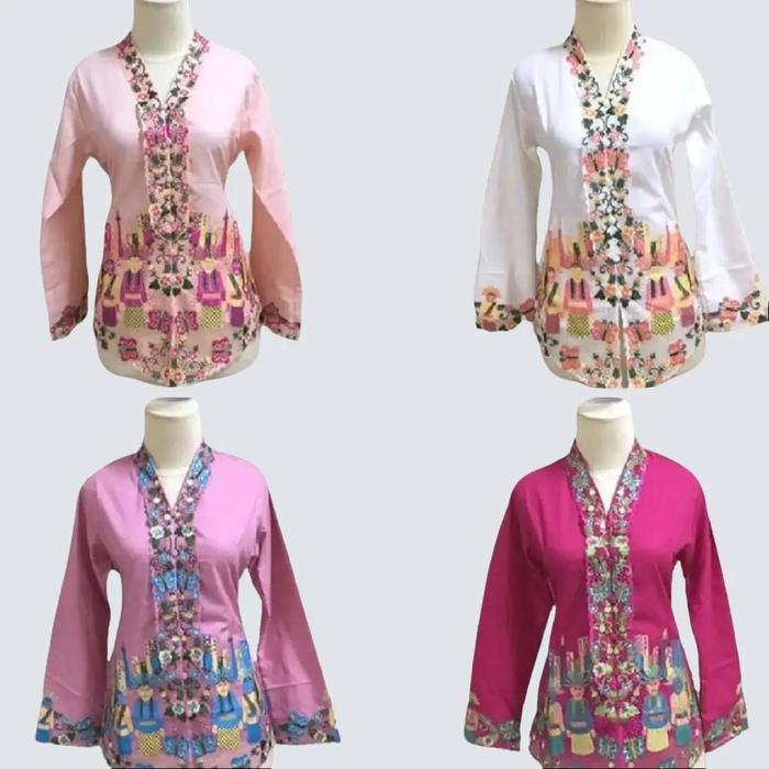 Kebaya Encim Ondel Ondel Betawi Salmon Putih Dusty Pink Pink Bahan Katun Premium Lembut Halus Lengan