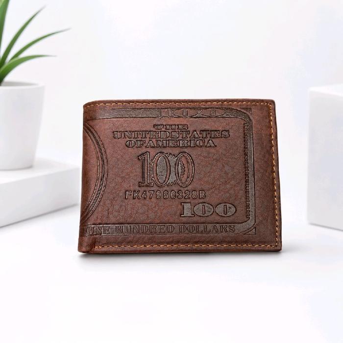 Dompet Kulit Coklat dengan Desain Uang Kertas 100 Dolar Amerika Serikat untuk Penyimpanan Uang yang