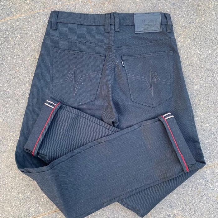 Celana denim accent selvedge 16oZ full black denim origins by Mabloth metchandise