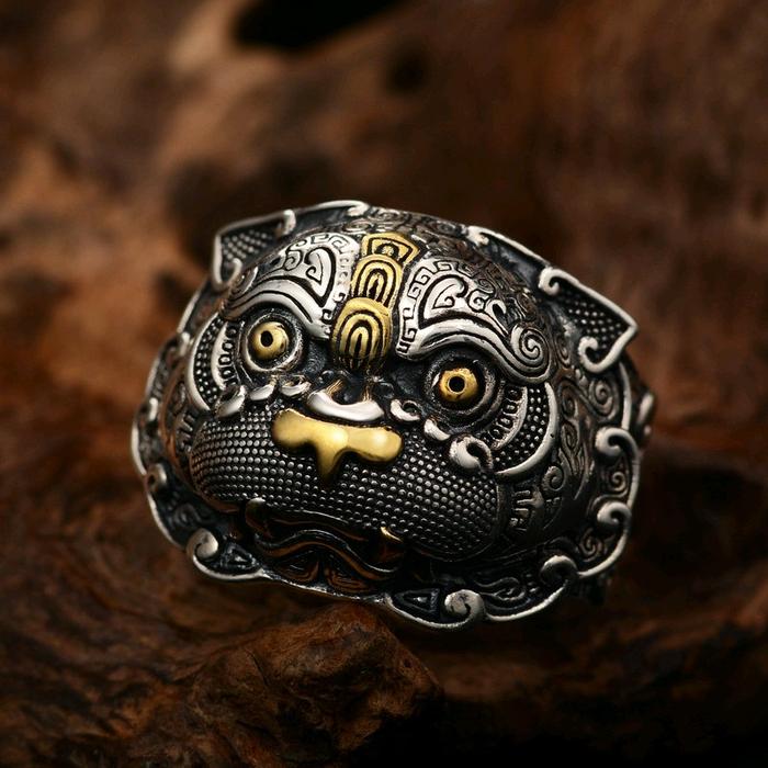 Cincin Etnik Desain Kepala Singa "Chimera" Makhluk Mitologi Zhongguo / Lion Head "Chimera" Mythologi