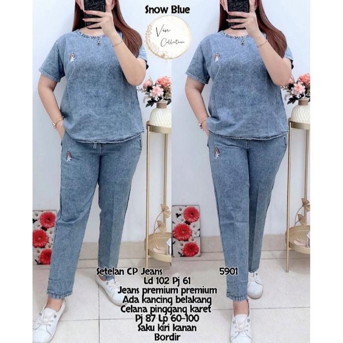 3191 SETELAN CELANA PANJANG JEANS BORDIR LD100,LD120,LD138 WANITA|SETELAN BIGSIZE|SETELAN JUMBO,SETE