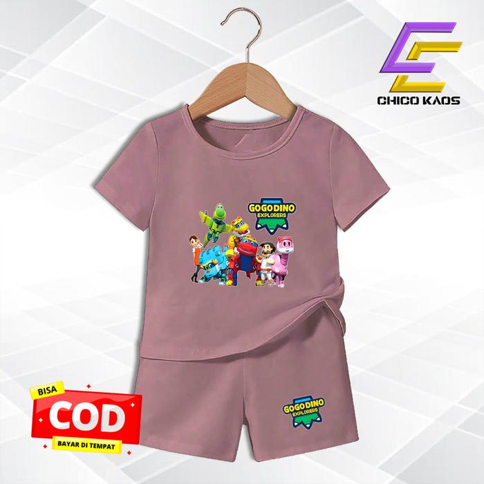 Baju Setelan Gogo Dino Anak Perempuan - Kaos Distr* Karakter Gogo Dino Keren