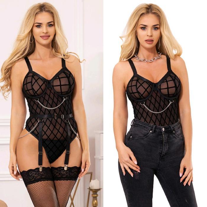 Lingerie Bodysuit Teddy Wanita Motif Kotak dengan Hiasan Rantai Bahan Poliester Mesh
