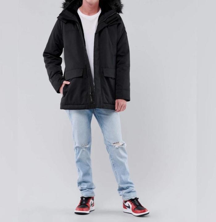 Jaket Wanita Hollister Faux Fur Parka Jacket Black Original