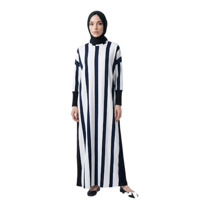 gamis dress baju muslimah syari knit rajut salur hitam putih gading bw all size over size jumbo  len