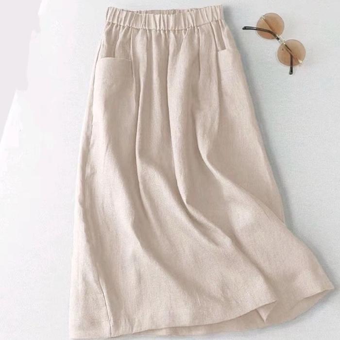 LARISSA OLSHOP Rok Midi A-Line Linen Rami Premium Hijab Friendly Highwaist dengan Saku Aktif & Pingg