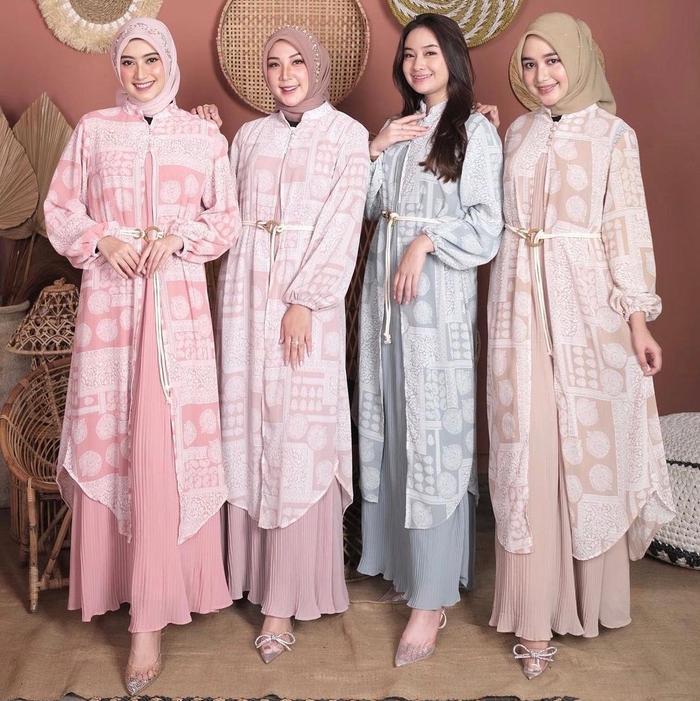SET GAMIS CERUTI MOTIF PLISKET GIES Wanita Muslim Ceruty Outer Formal Dress Panjang Mewah Layer