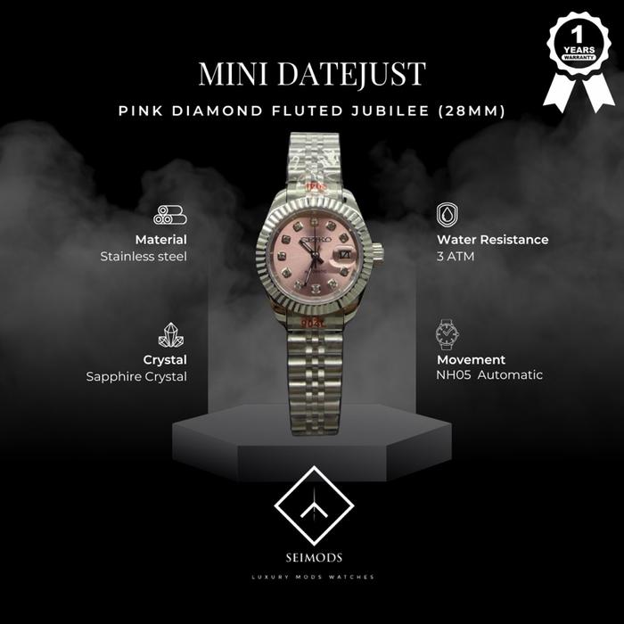 Jam Tangan Seiko Mod Datejust Mini Lady 28mm Pink Diamond Jubilee NH05 Automatic Wanita