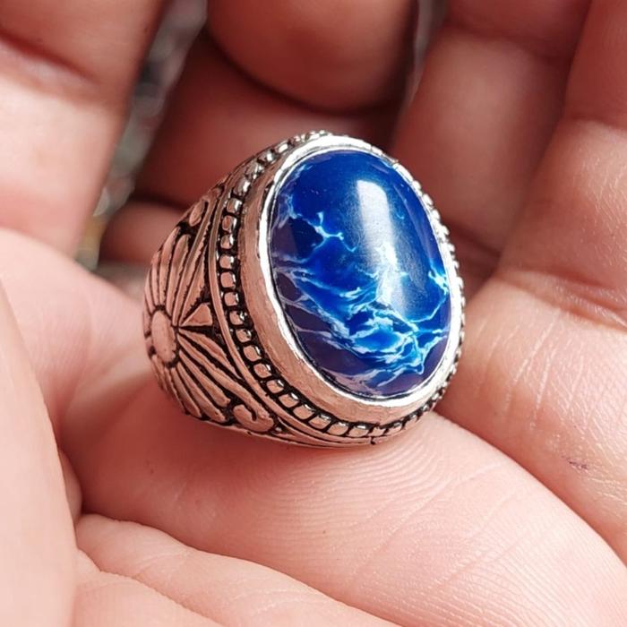 Cincin Batu Blue Mizone Urat Putih / Mizone Blue Fancy Serat Petir elegan