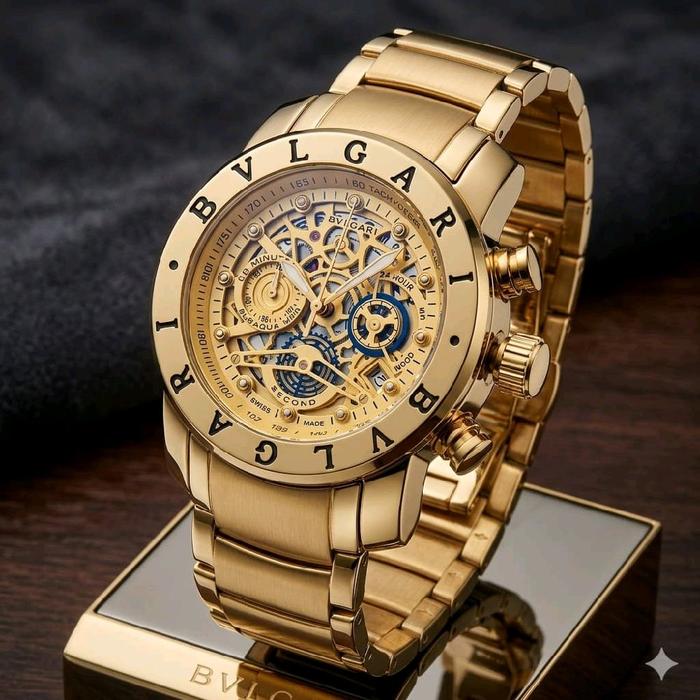 JAM TANGAN PRIA SPORTY BVLGARI MASTER ANALOG PREMIUM WATCH FULL GOLD LIMITED