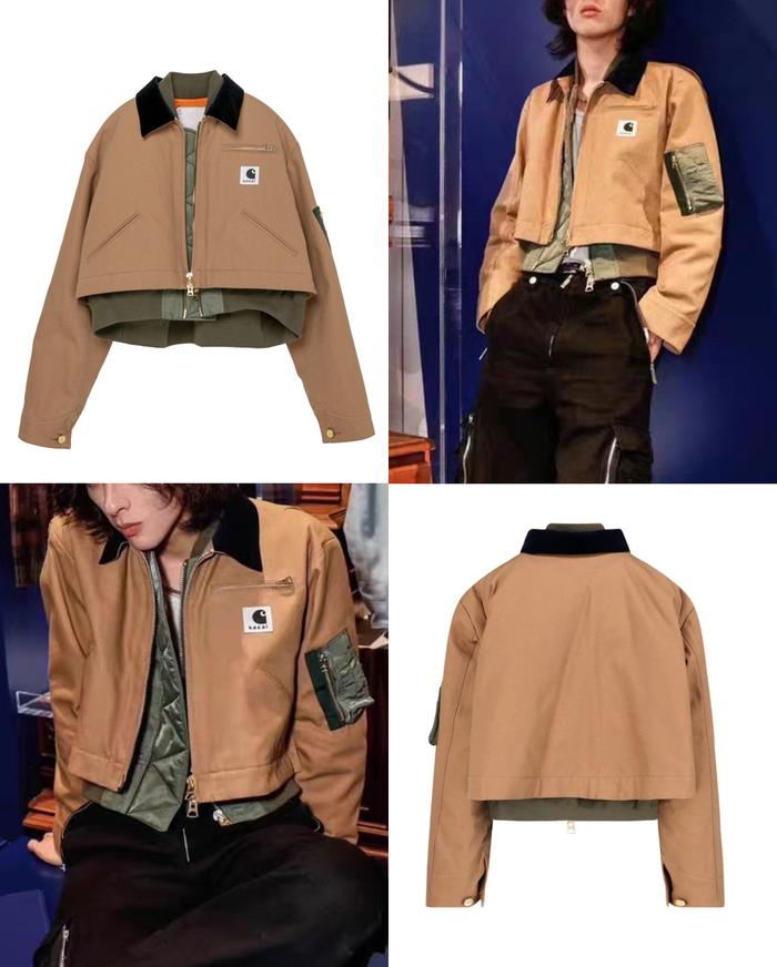 SACAI x CARHARTT WIP Detroit Canvas Jacket Cropped Layered Velvet Trimmed Cotton Blend Canvas Shell 