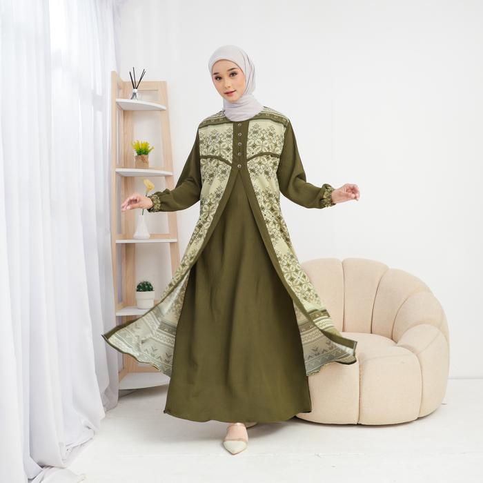 Gamis Muslim Syar'i Model Outer Luara Crinkle Kombinasi Polos Motif Bunga Tangan Panjang