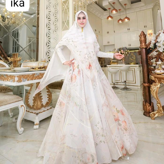 Gamis Syar'i Putih Motif Bunga Kecil Bahan Ceruti Premium