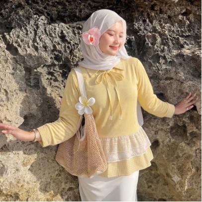 NAYEON Collar Ribbon Lace Knit Top