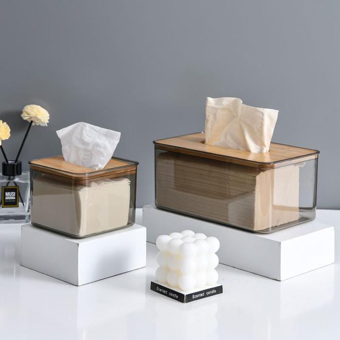 Casaloger Kotak Box Tisu Wadah Tissue Transparan Transparant Bening Plastik Akrilik Tutup Kayu Bambu