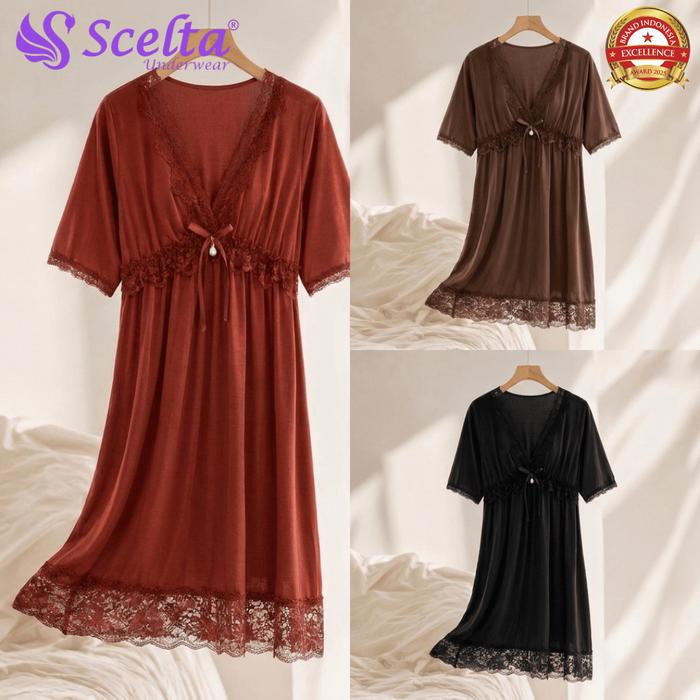 Scelta - Lingerie Underwear Gaun Malam Wanita Bordir Renda Lengan Pendek Pilihan Warna Merah Coklat