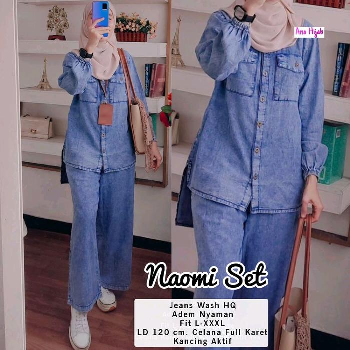 Naomi One Set Setelan Celana Blouse Polos Jeans Snow Ld 120 Fit XXL By Ana