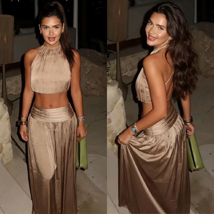 80467 ONE SET beige sexy soft silky halter neck silk crop top + ruched midi skirt / setelan atasan w