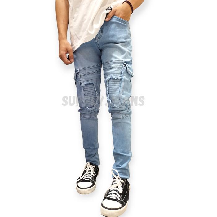 Celana Jeans Cargo Biker Patch Pria Skinny Jeans Panjang Blue Sky