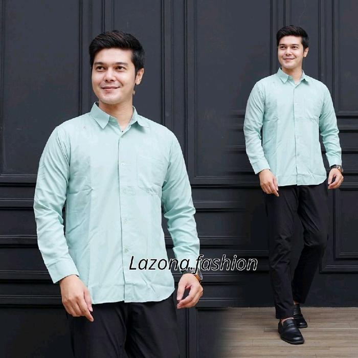 Kemeja Polos Hijau Wardah Hem NavyPria Lengan Panjang Casual Formal exclusive Premium Baju Kemeja Po