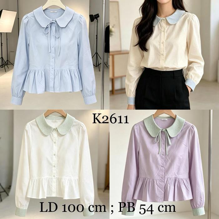 Anddme&co - Kemeja Wanita Korean Style Kerah Peter Pan Pita K2611 LD 100 cm PB 54 cm