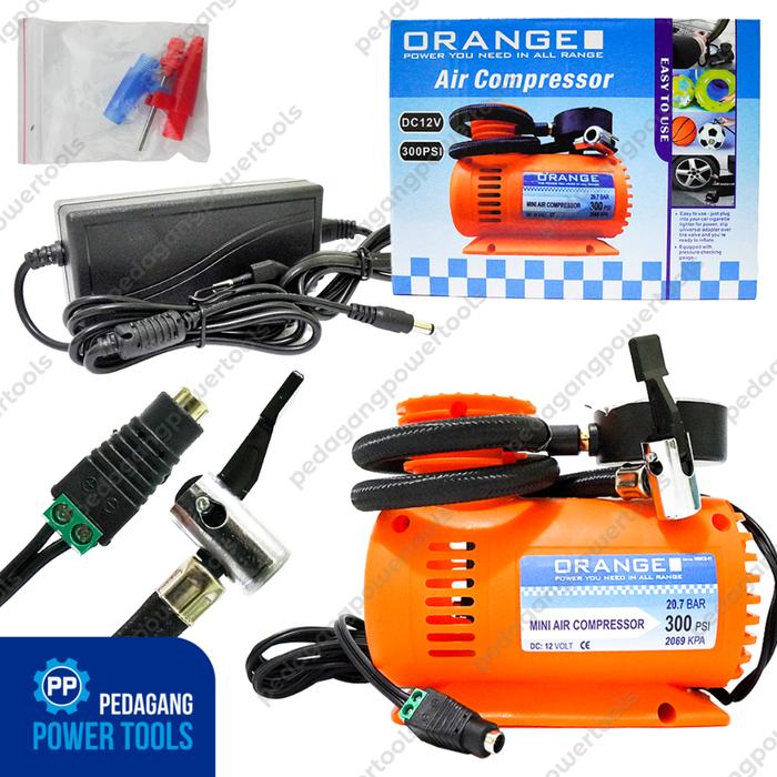 PAKET ORANGE KOMPRESOR ANGIN MINI POMPA BAN MOBIL & ADAPTOR 12V 5A