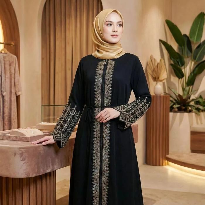 Gamis Hitam Terbaru Farasya Dress SQ Size M L XL XXL LD 100-112 CM Bahan Jetblack Resleting Depan Bu