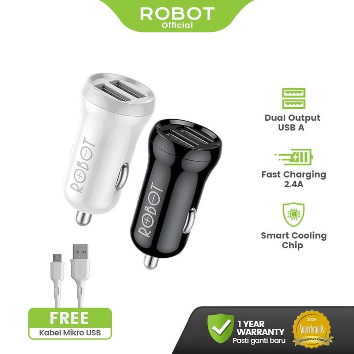 ROBOT Car Charger 2Port Adapter Charger Mobil Free Kabel Micro USB Colokan HP Charger Mobil RT-C07 O