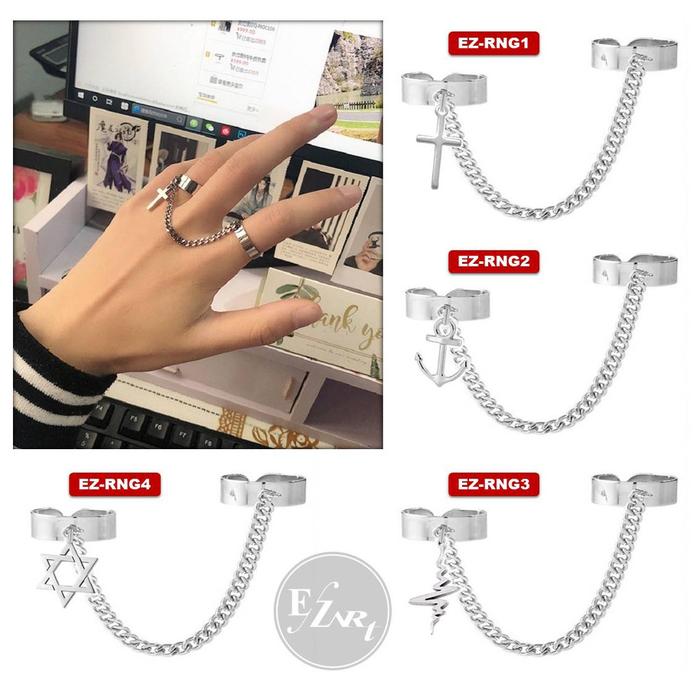 Cincin Ganda Sambungan Rantai Gantungan Salib / Double Chain Ring Fashion Adjustable Joint Ring Hip 