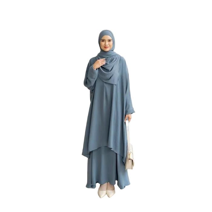Azzahra Set Abaya One Size Tunik Syar'i Gamis Busui Hijab Pasmina Oval Crinkle Airflow Premium Hitam