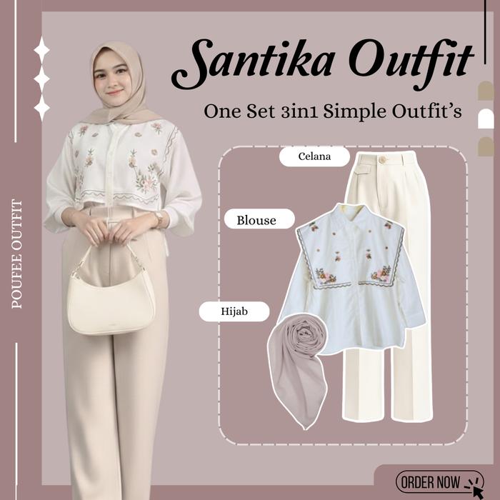 OneSet Wanita Kekinian 3in1 Set (Oro Pants - Blouse - Hijab) Outfit Simple Look Santika Set