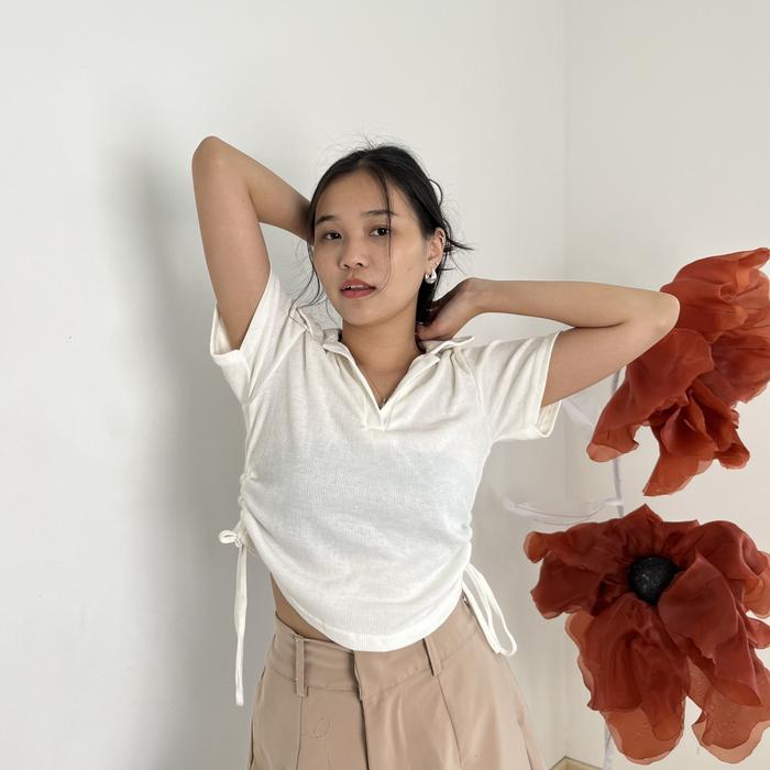 Lassmee | LAURA Baju Atasan Wanita / Crop Top Basic / Kaos Polo Berkerah Rib Polos / Knit Top Wangki