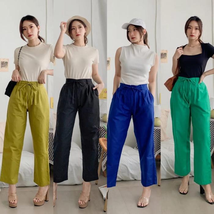 Celana panjang bahan linen Wanita Kulot Karet Kancing